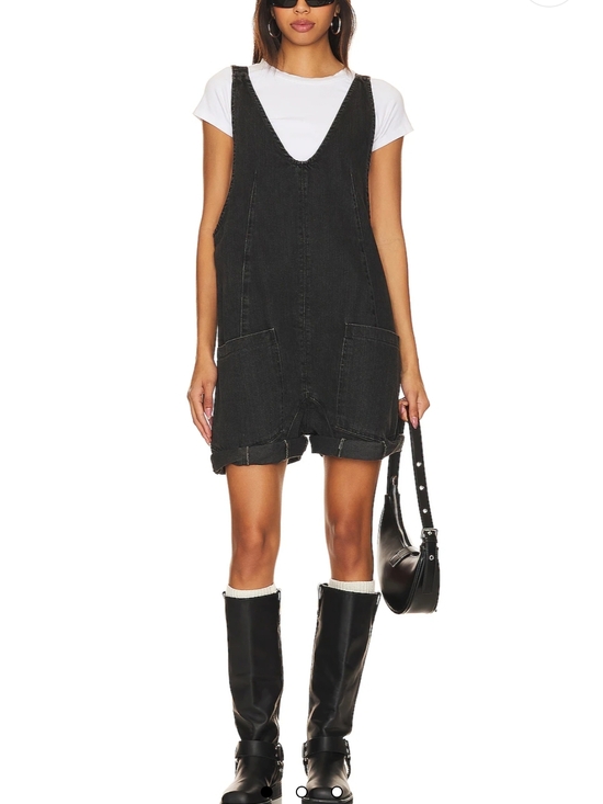 We The Free Denim - Free People High Roller Shortall Black Denim Overall Romper We The Free, XS
